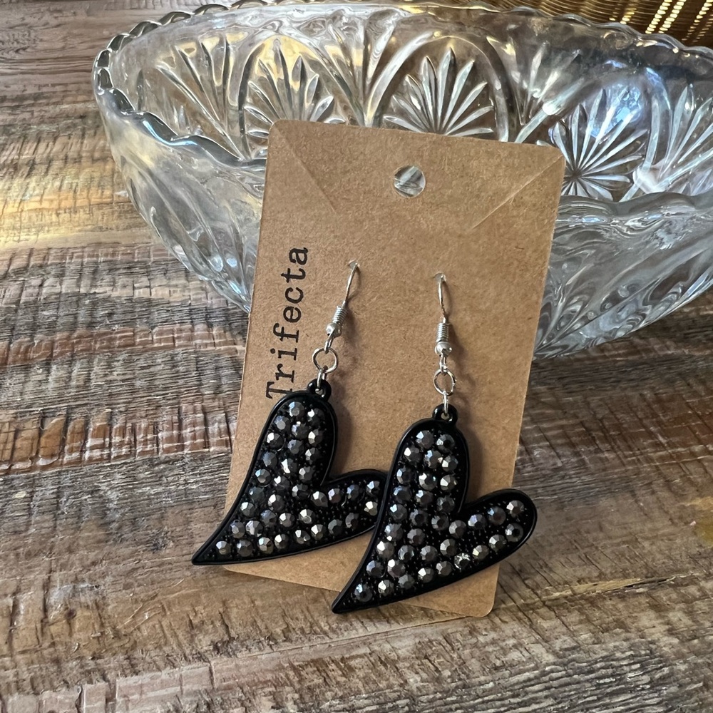 Black Crystal Heart Dangle Earrings
